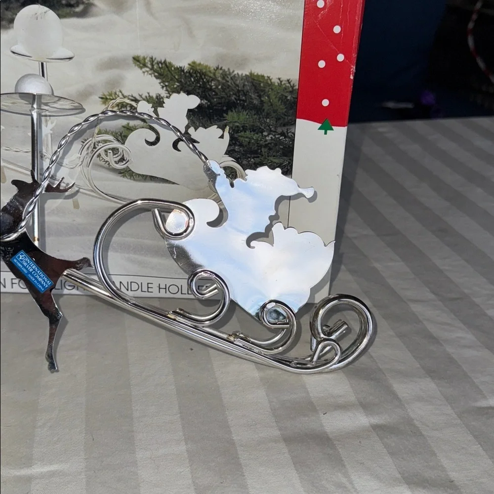 Vintage New Silver Plated Reindeer and Santa Sleigh Candle Holder Decor Unused